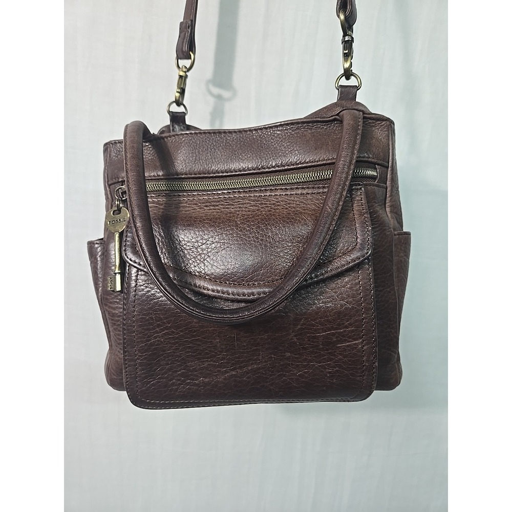 VTG Fossil Brown Pebbled Leather Pockets Top Handle Small Satchel Crossbody Bag